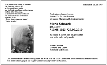 Traueranzeige von Maria Schwark von Waiblinger Kreiszeitung