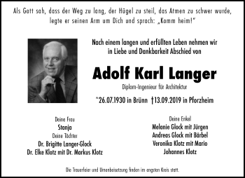 Traueranzeige von Adolf Karl Langer von Waiblinger Kreiszeitung