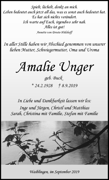 Traueranzeige von Amalie Unger von Waiblinger Kreiszeitung