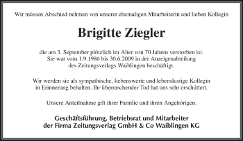 Traueranzeige von Brigitte Ziegler von Waiblinger Kreiszeitung