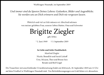 Traueranzeige von Brigitte Ziegler von Waiblinger Kreiszeitung