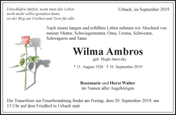 Traueranzeige von Wilma Ambros von Waiblinger Kreiszeitung