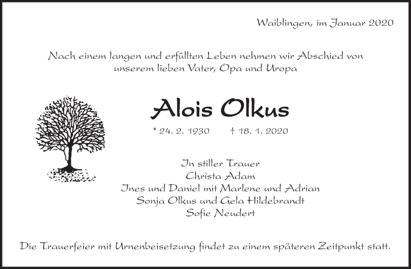  Traueranzeige für Alois Olkus vom 23.01.2020 aus Waiblinger Kreiszeitung