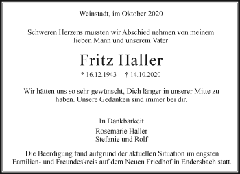 Traueranzeige von Fritz Haller von Waiblinger Kreiszeitung