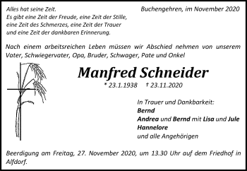 Traueranzeige von Manfred Schneider von Waiblinger Kreiszeitung