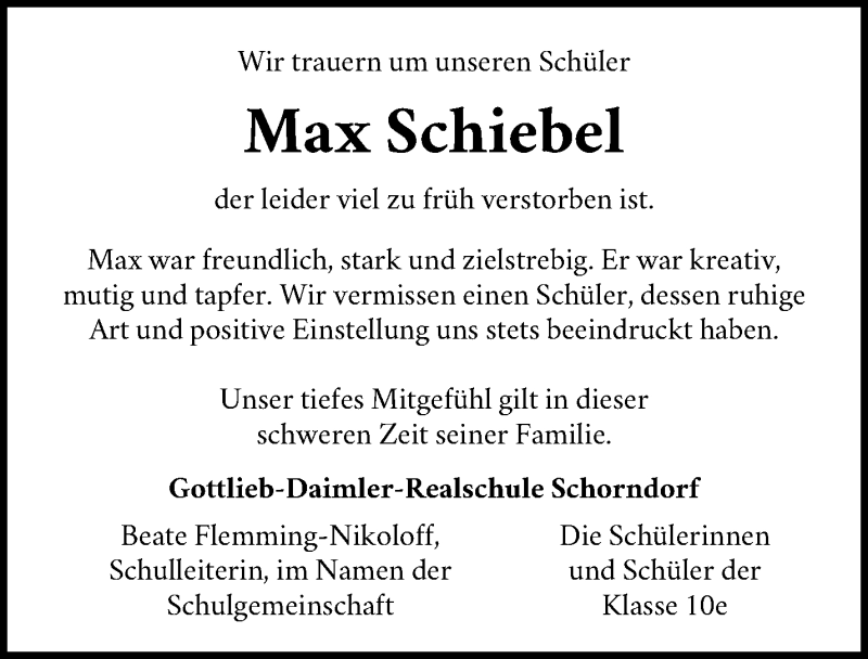  Traueranzeige für Max Schiebel vom 10.11.2020 aus Waiblinger Kreiszeitung