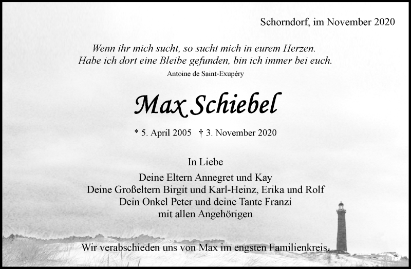  Traueranzeige für Max Schiebel vom 07.11.2020 aus Waiblinger Kreiszeitung