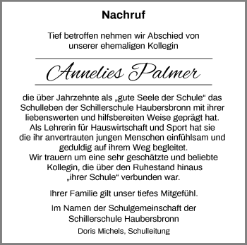 Traueranzeige von Annelies Palmer von Waiblinger Kreiszeitung