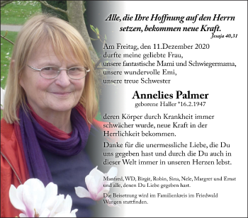 Traueranzeige von Annelies Palmer von Waiblinger Kreiszeitung