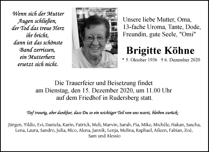  Traueranzeige für Brigitte Köhne vom 10.12.2020 aus Waiblinger Kreiszeitung