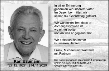 Traueranzeige von Karl Baumann von Waiblinger Kreiszeitung