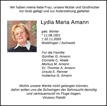 Traueranzeige von Lydia Maria Amann von Waiblinger Kreiszeitung