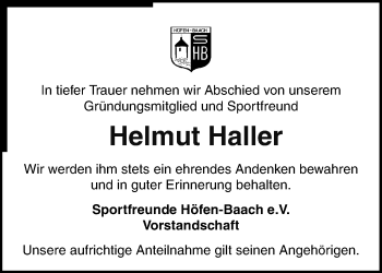 Traueranzeige von Helmut Haller von Waiblinger Kreiszeitung