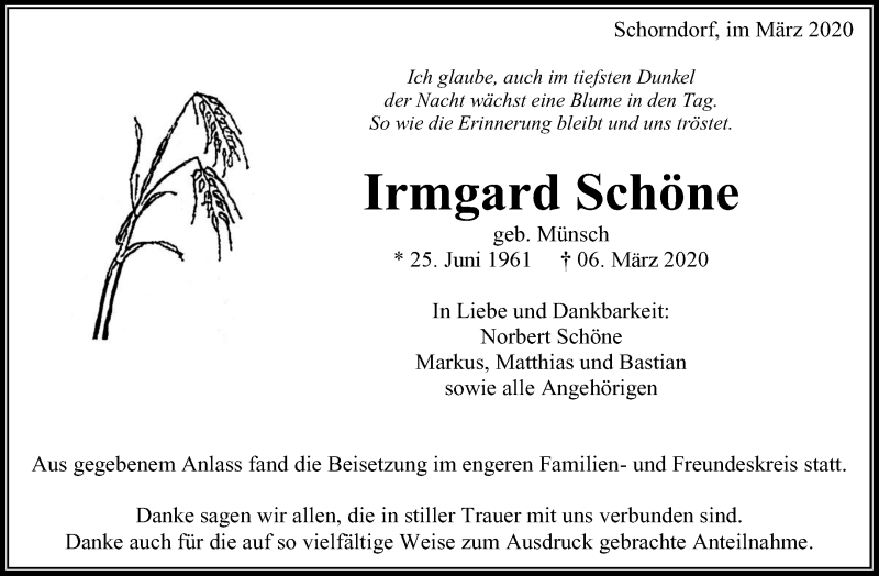 Traueranzeigen Von Irmgard Schone Zvw Trauer