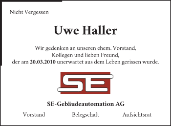 Traueranzeige von Uwe Haller von Waiblinger Kreiszeitung