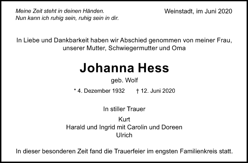Traueranzeigen Von Johanna Hess Zvw Trauer
