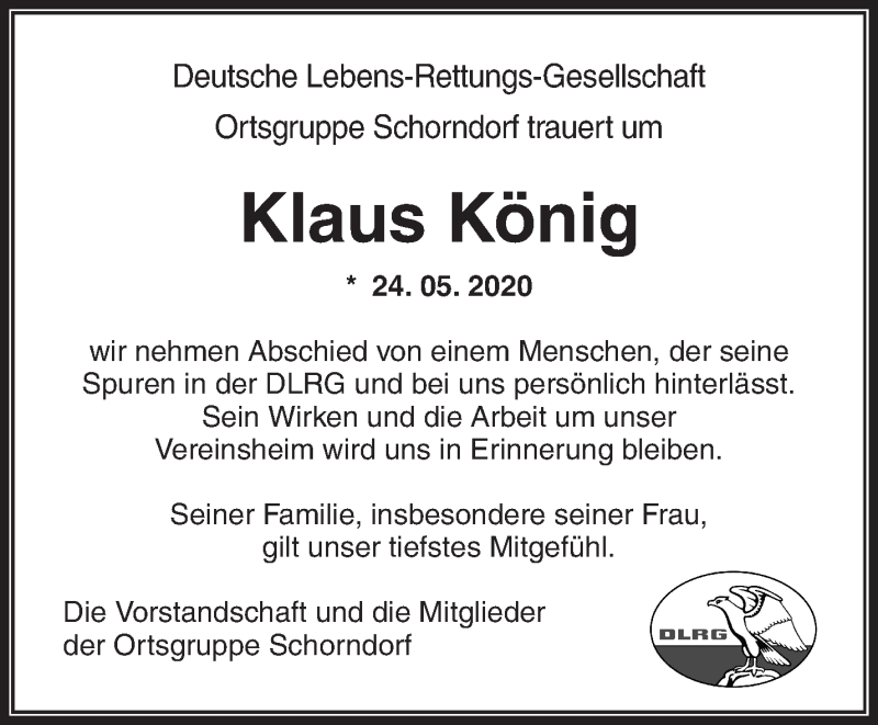  Traueranzeige für Klaus König vom 22.06.2020 aus Waiblinger Kreiszeitung