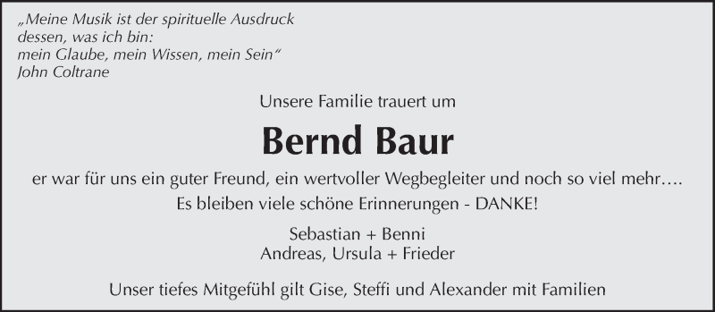  Traueranzeige für Bernd Baur vom 05.08.2020 aus Waiblinger Kreiszeitung