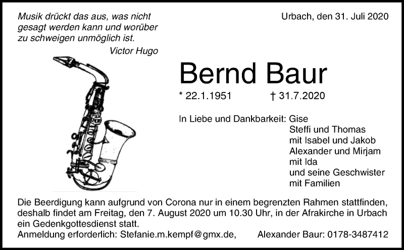  Traueranzeige für Bernd Baur vom 04.08.2020 aus Waiblinger Kreiszeitung