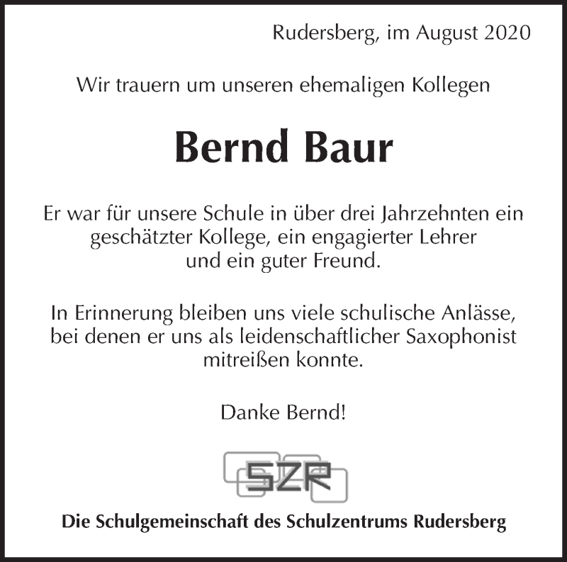  Traueranzeige für Bernd Baur vom 06.08.2020 aus Waiblinger Kreiszeitung