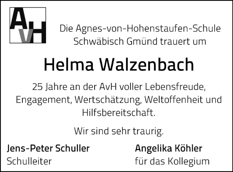  Traueranzeige für Helma Walzenbach vom 05.08.2020 aus Waiblinger Kreiszeitung