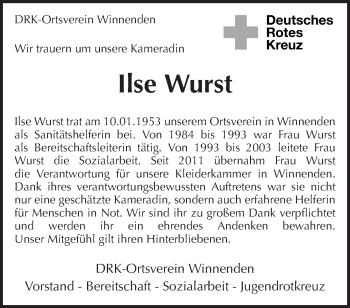 Traueranzeige von Ilse Wurst von Waiblinger Kreiszeitung