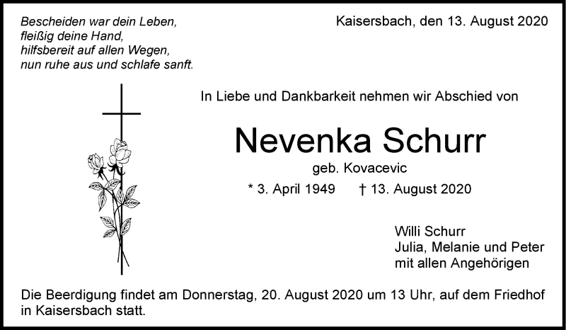  Traueranzeige für Nevenka Schurr vom 17.08.2020 aus Waiblinger Kreiszeitung