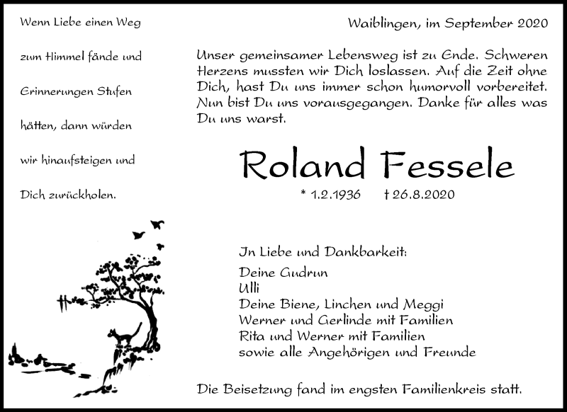  Traueranzeige für Roland Fessele vom 10.09.2020 aus Waiblinger Kreiszeitung