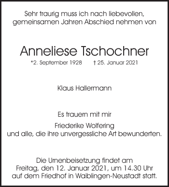 Traueranzeige von Anneliese Tschochner von Waiblinger Kreiszeitung