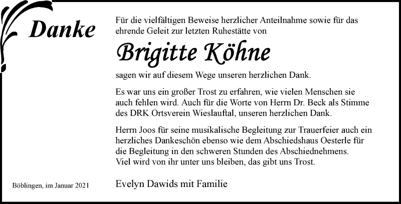  Traueranzeige für Brigitte Köhne vom 09.01.2021 aus Waiblinger Kreiszeitung