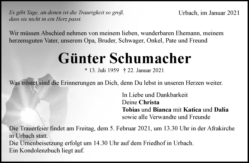  Traueranzeige für Günter Schumacher vom 30.01.2021 aus Waiblinger Kreiszeitung