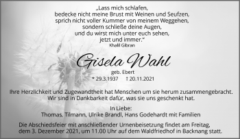 Traueranzeige von Gisela Wahl von Waiblinger Kreiszeitung