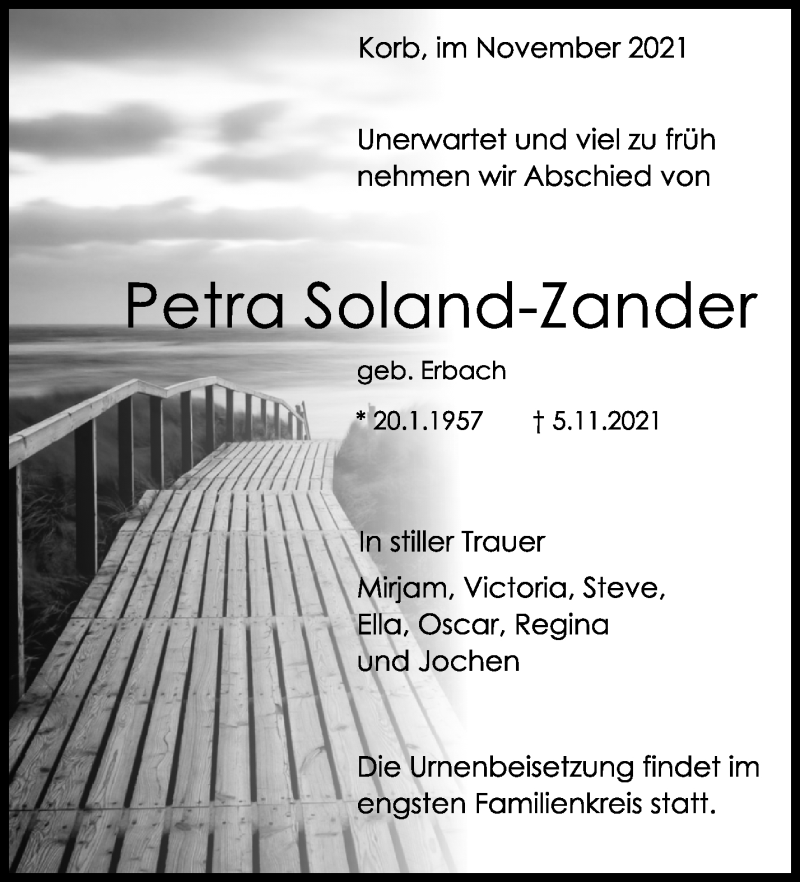  Traueranzeige für Petra Soland-Zander vom 13.11.2021 aus Waiblinger Kreiszeitung