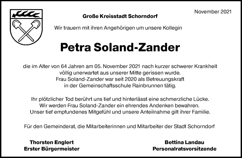  Traueranzeige für Petra Soland-Zander vom 13.11.2021 aus Waiblinger Kreiszeitung