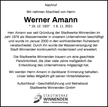 Traueranzeige von Werner Amann von Waiblinger Kreiszeitung