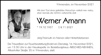 Traueranzeige von Werner Amann von Waiblinger Kreiszeitung