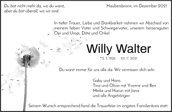 Traueranzeige von Willy Walter von Waiblinger Kreiszeitung