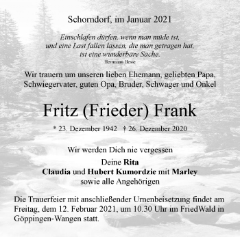 Traueranzeige von Fritz Frank von Waiblinger Kreiszeitung