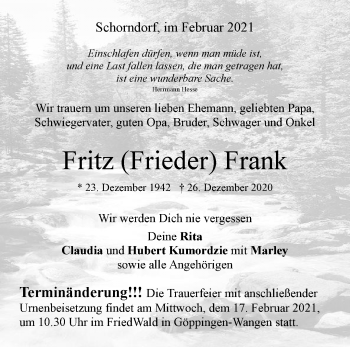 Traueranzeige von Fritz Frank von Waiblinger Kreiszeitung