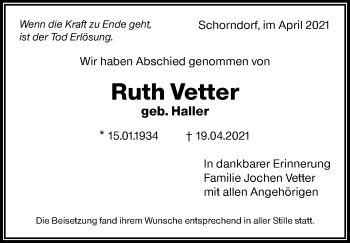 Traueranzeige von Ruth Vetter von Waiblinger Kreiszeitung