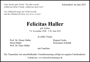 Traueranzeige von Felicitas Haller von Waiblinger Kreiszeitung