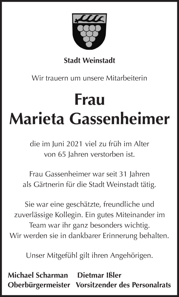  Traueranzeige für Marieta Gassenheimer vom 12.06.2021 aus Waiblinger Kreiszeitung