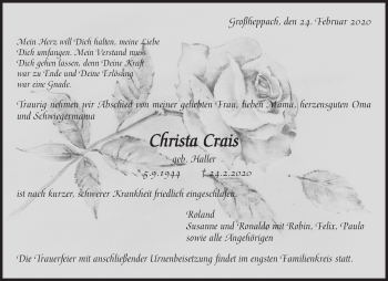 Traueranzeige von Christa Crais 