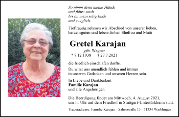 Traueranzeige von Gretel Karajan von Waiblinger Kreiszeitung
