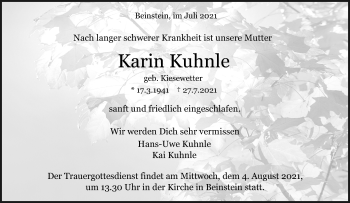 Traueranzeige von Karin Kuhnle von Waiblinger Kreiszeitung