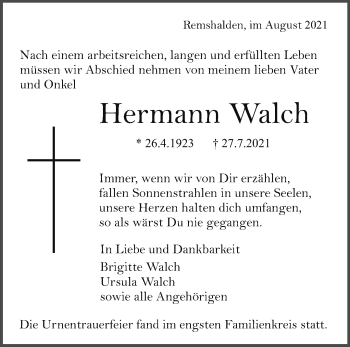 Traueranzeige von Hermann Walch von Waiblinger Kreiszeitung