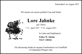 Traueranzeige von Lore Jahnke von Waiblinger Kreiszeitung