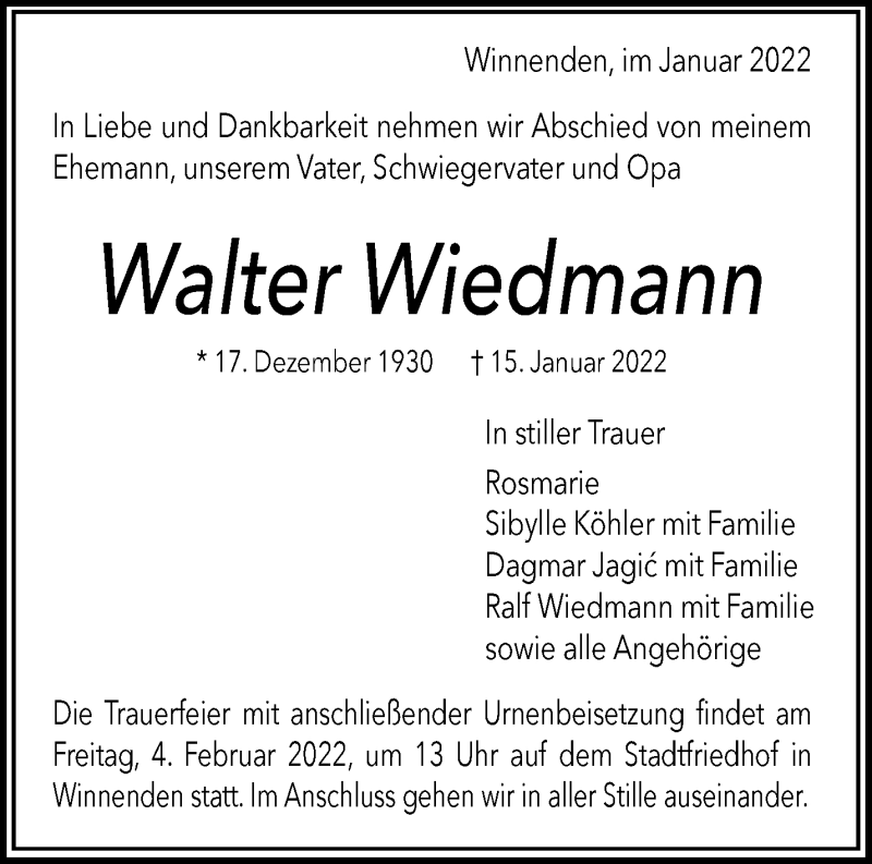 Traueranzeigen Von Walter Wiedmann 