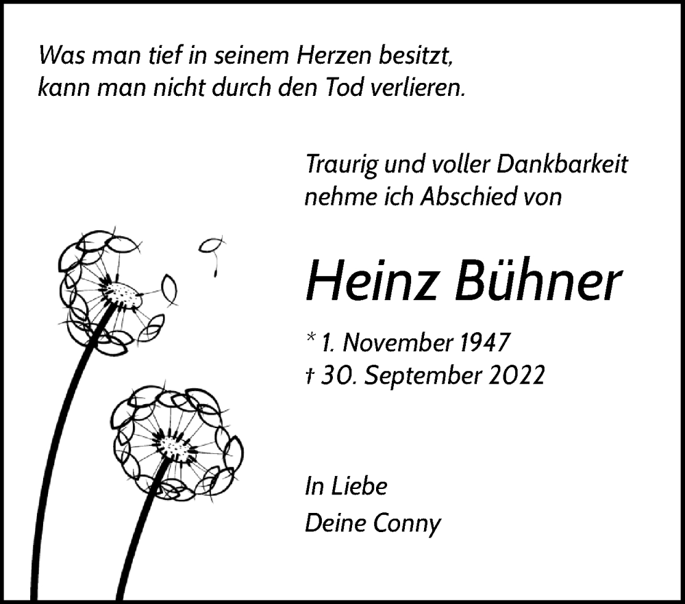  Traueranzeige für Heinz Bühner vom 11.10.2022 aus Waiblinger Kreiszeitung