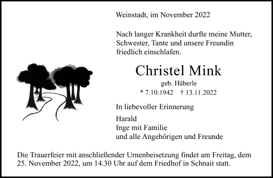 Traueranzeige von Christel Mink von Waiblinger Kreiszeitung